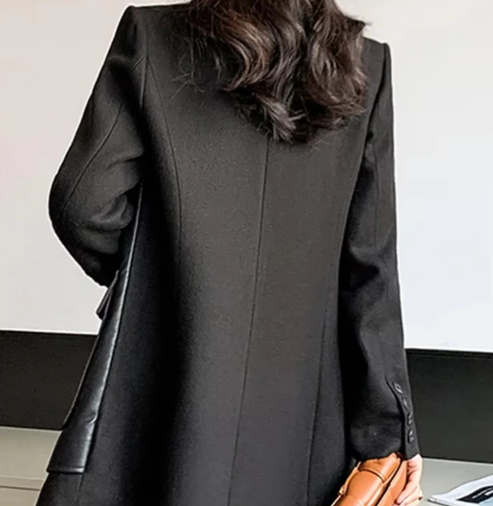 Autumn Black Patchwork Leather Jacket Women with Many Pockets Long Sleeve - Picture 6 of 10